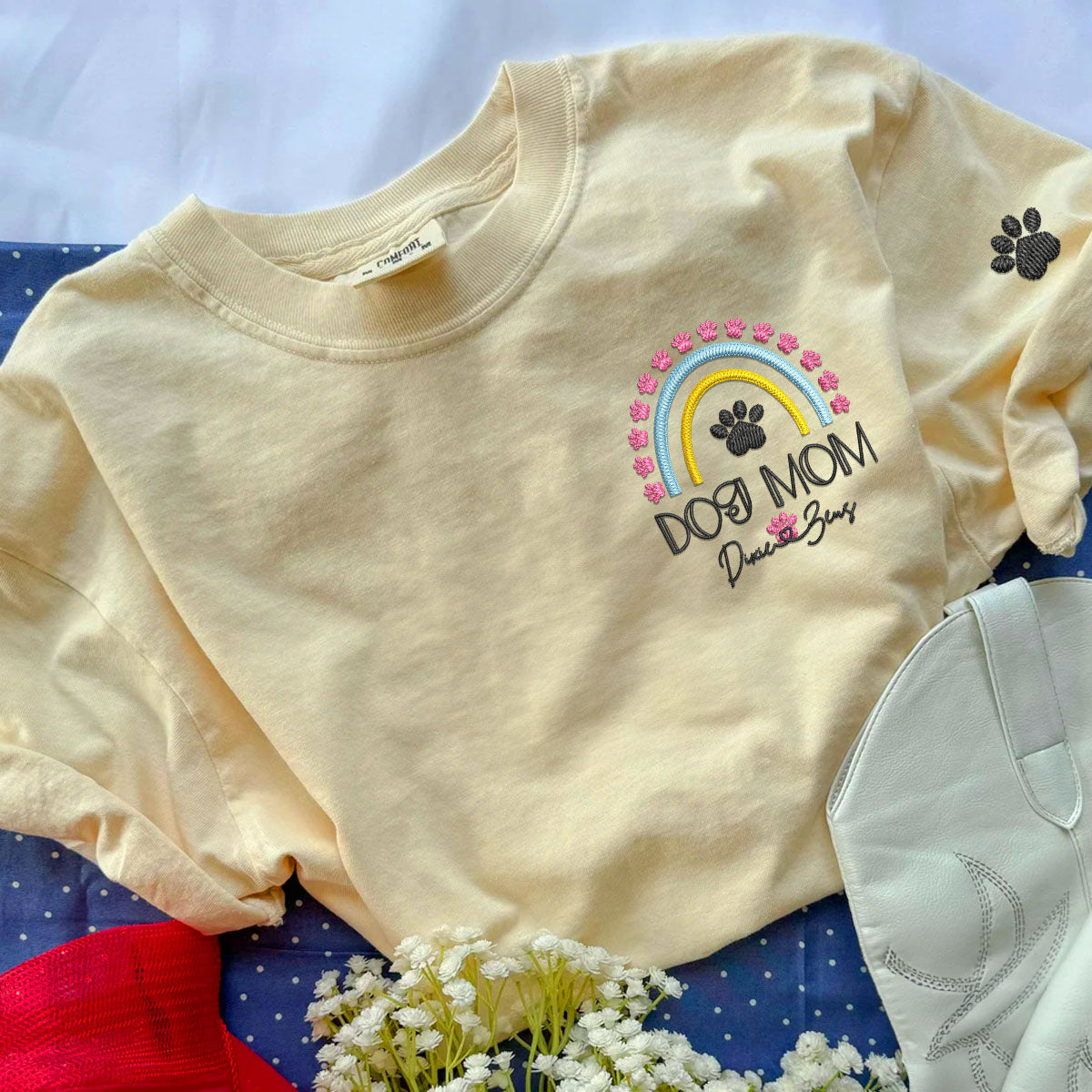 Custom Embroidered Dog Mom T-Shirt with Pet Names - Rainbow Design Personalized Gift