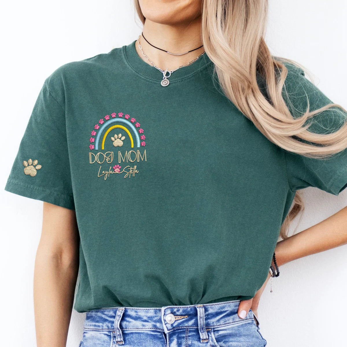 Custom Embroidered Dog Mom T-Shirt with Pet Names - Rainbow Design Personalized Gift