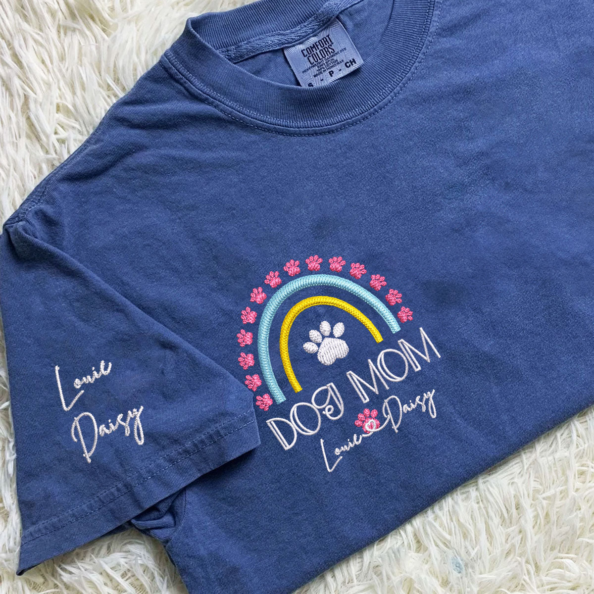 Custom Embroidered Dog Mom T-Shirt with Pet Names - Rainbow Design Personalized Gift