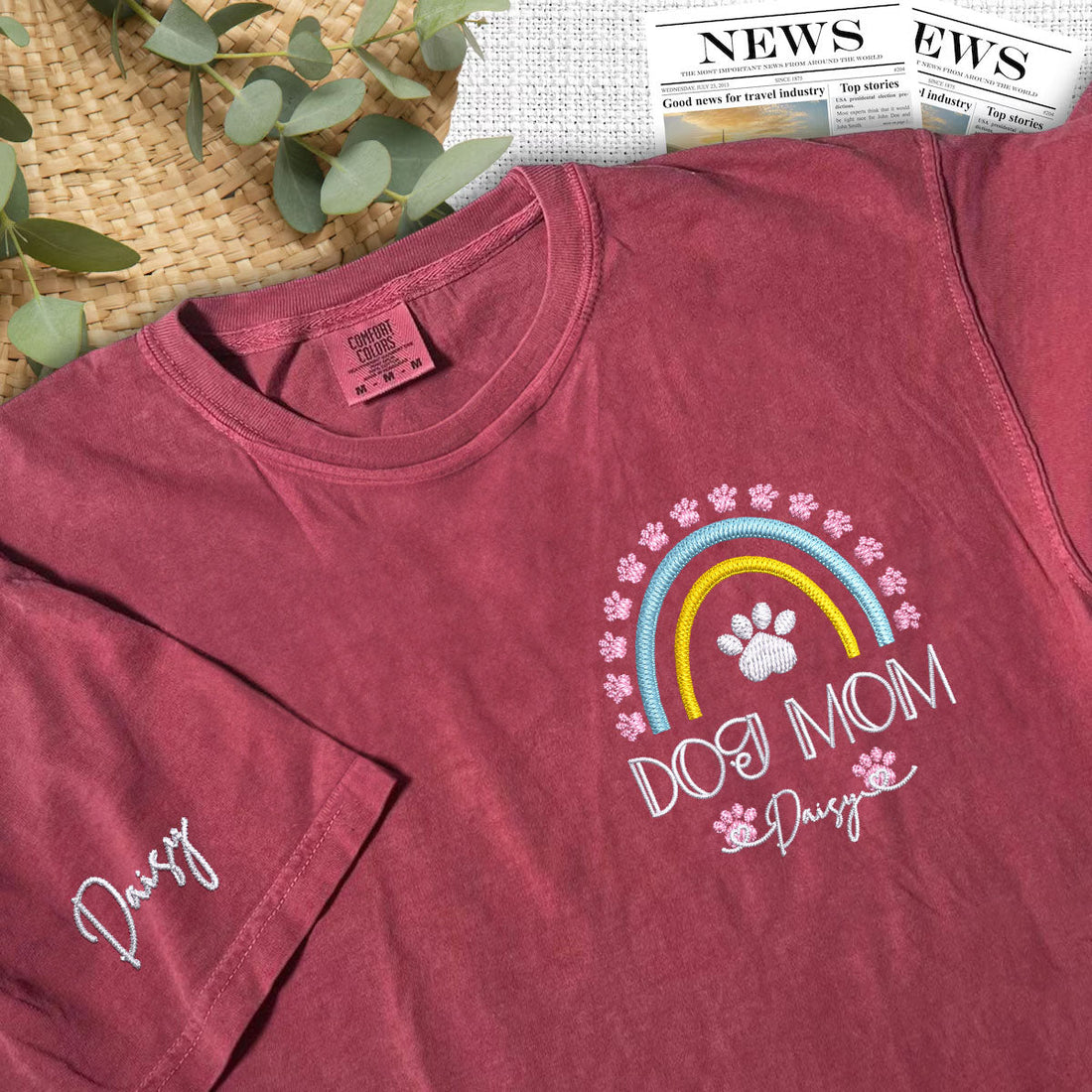 Custom Embroidered Dog Mom T-Shirt with Pet Names - Rainbow Design Personalized Gift