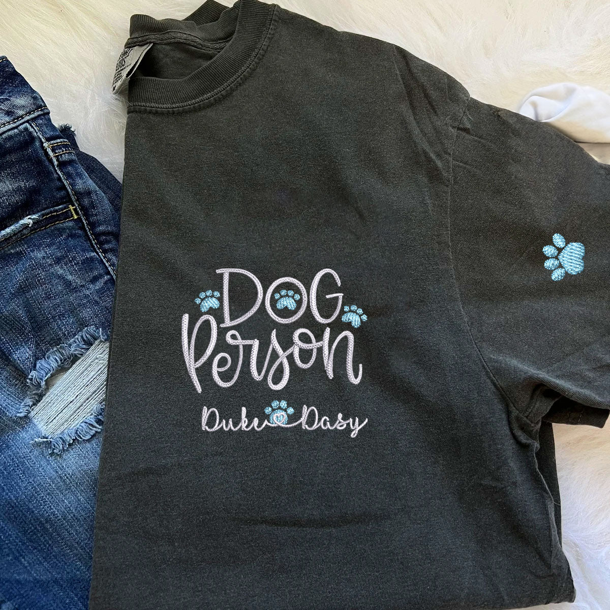 Custom Embroidered Dog Person T-Shirt with Pet Names - Personalized Dog Lover Gift
