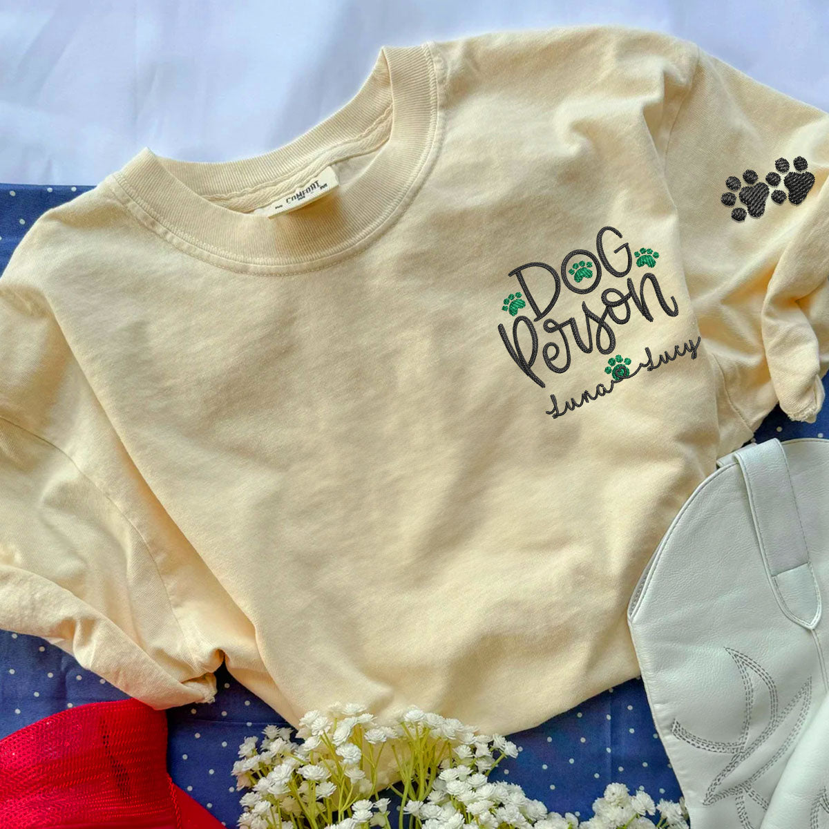Custom Embroidered Dog Person T-Shirt with Pet Names - Personalized Dog Lover Gift