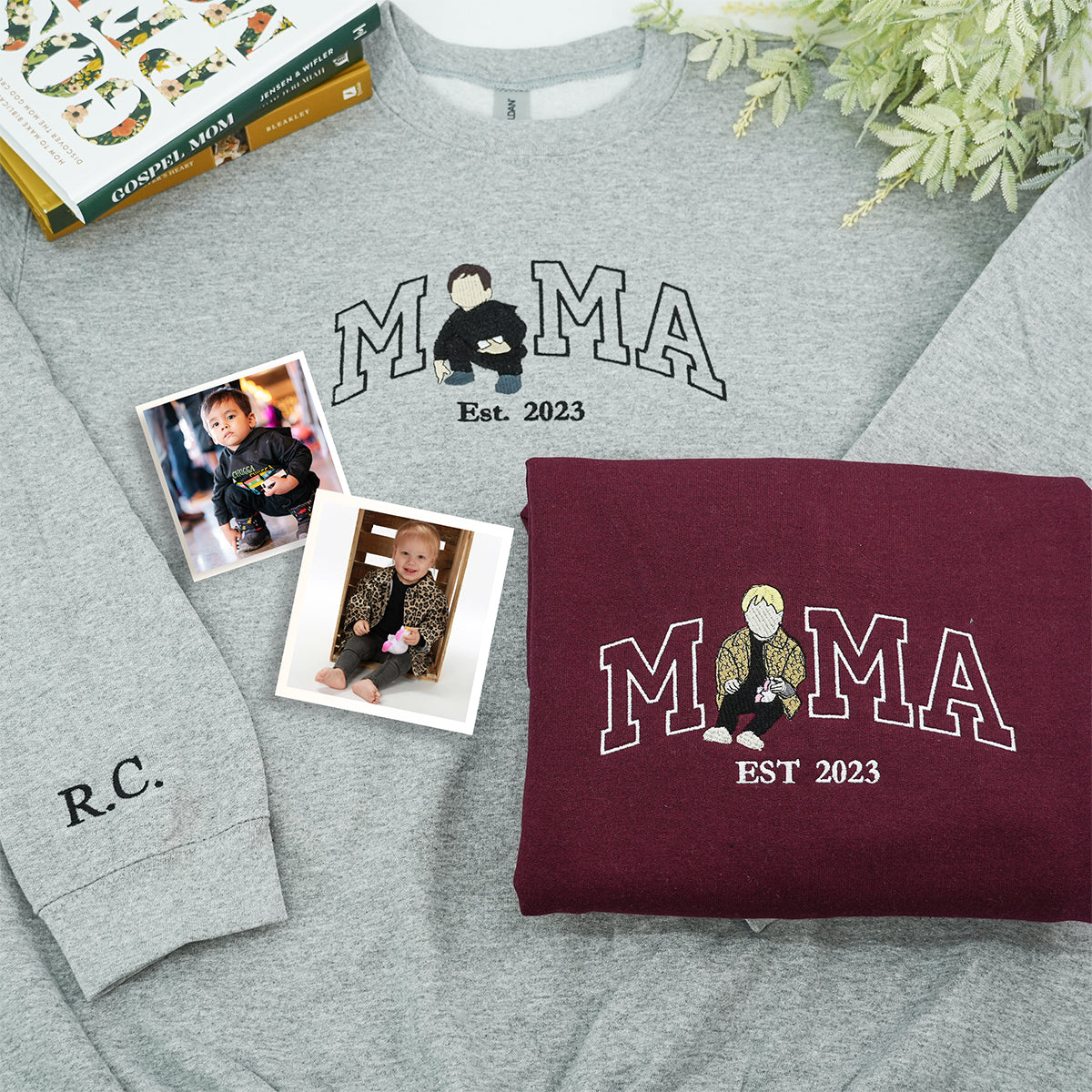 Custom Embroidered Mama Portrait Hoodie with Kids - Personalized Mother's Day Gift