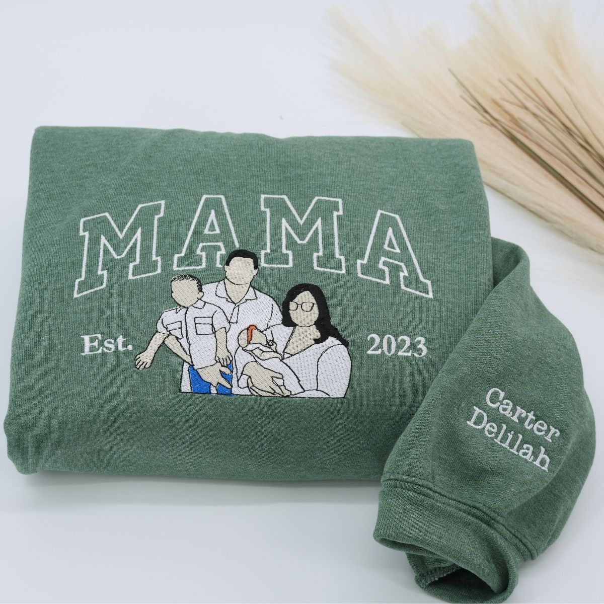 Custom Embroidered Mama Portrait Hoodie with Kids - Personalized Mother's Day Gift