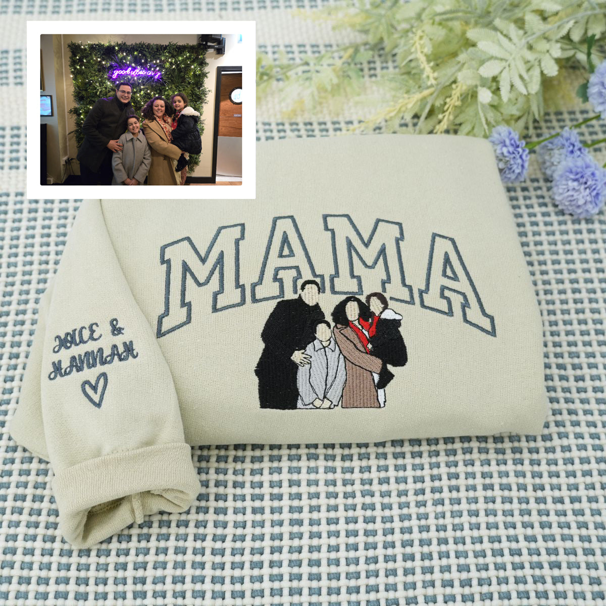 Custom Embroidered Mama Portrait Hoodie with Kids - Personalized Mother's Day Gift