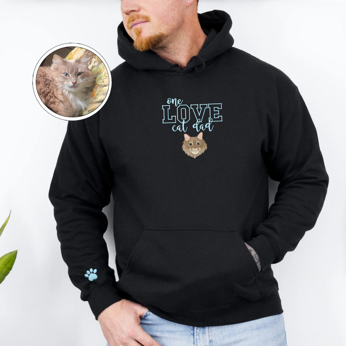 Custom Embroidered One Love Cat Dad Hoodie - Personalized Cat Father Gift