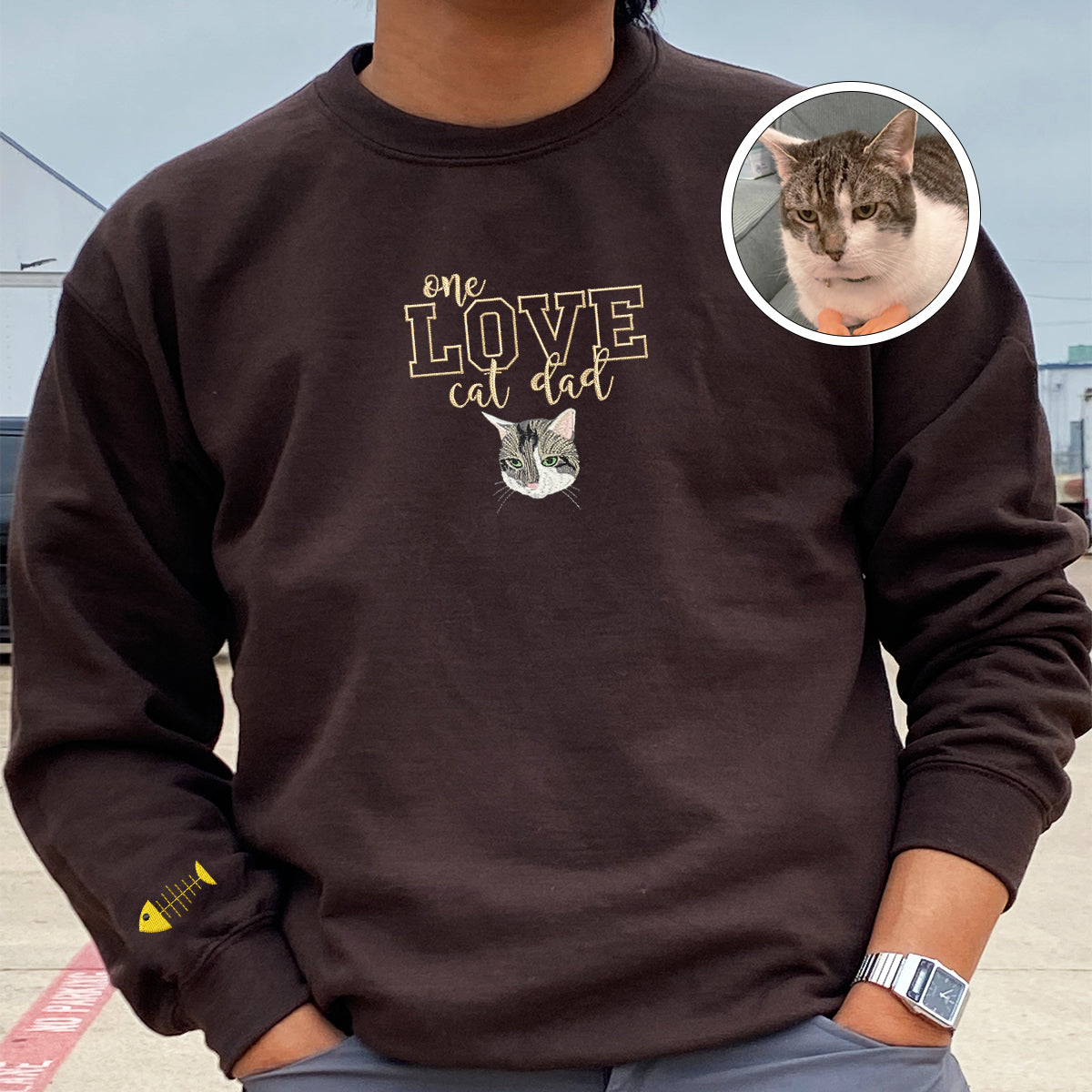 Custom Embroidered One Love Cat Dad Sweatshirt - Personalized Cat Father Gift