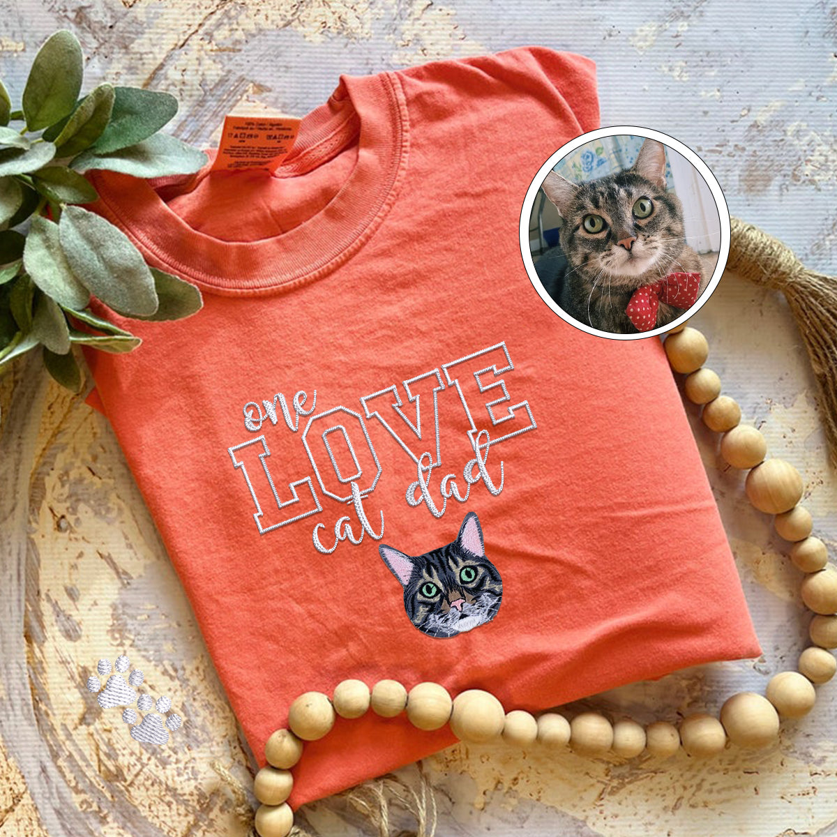 Custom Embroidered One Love Cat Dad T-Shirt - Personalized Cat Father Gift