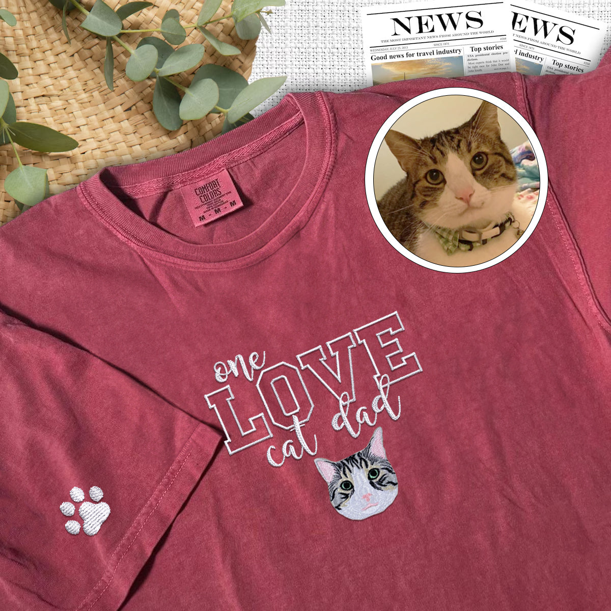 Custom Embroidered One Love Cat Dad T-Shirt - Personalized Cat Father Gift