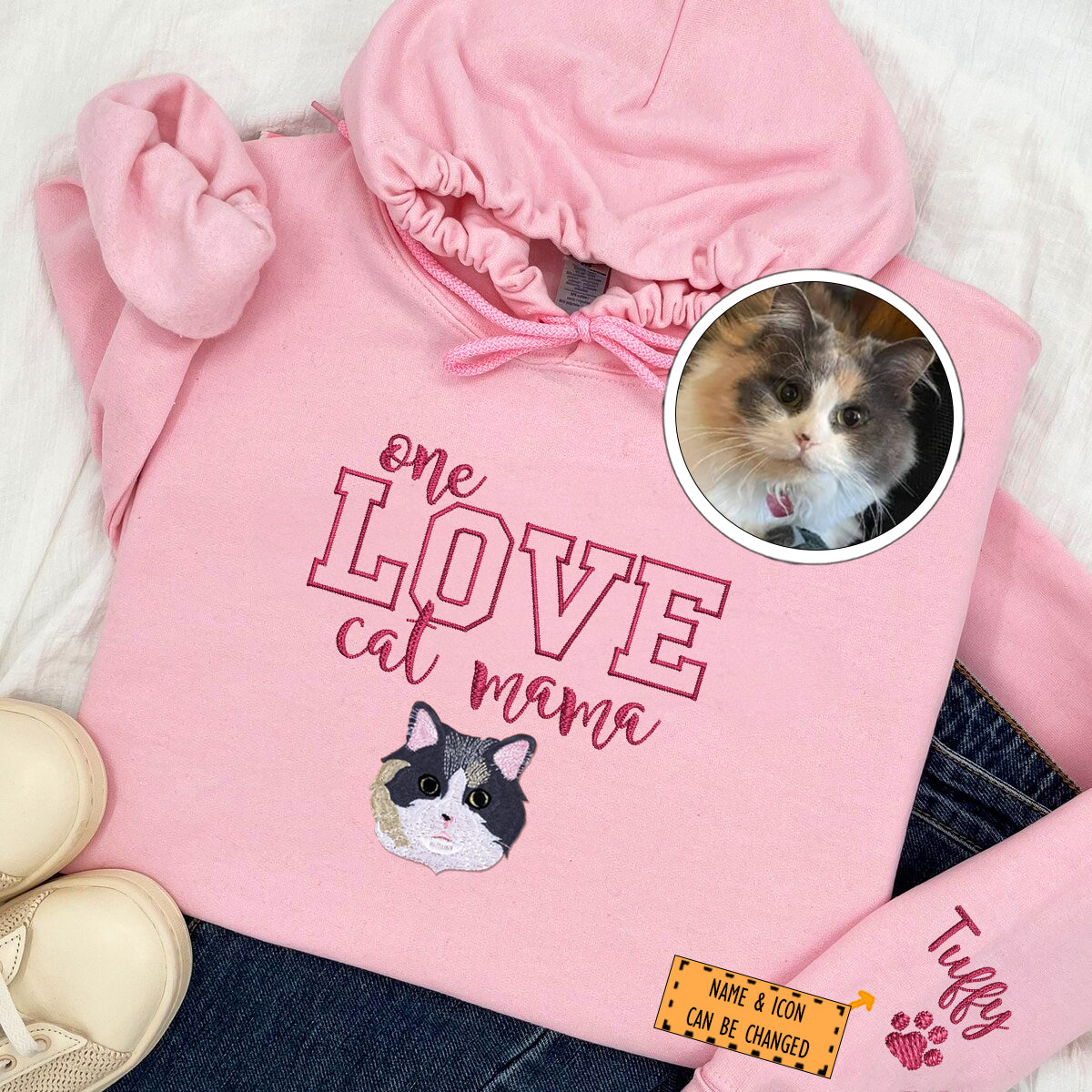 Custom Embroidered One Love Cat Mama Hoodie - Personalized Cat Mother Gift