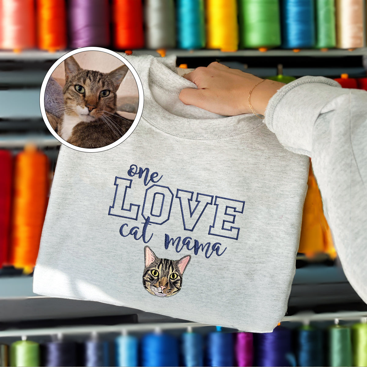 Custom Embroidered One Love Cat Mama Sweatshirt - Personalized Cat Mother Gift