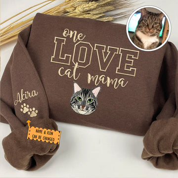 Custom Embroidered One Love Cat Mama Sweatshirt - Personalized Cat Mother Gift
