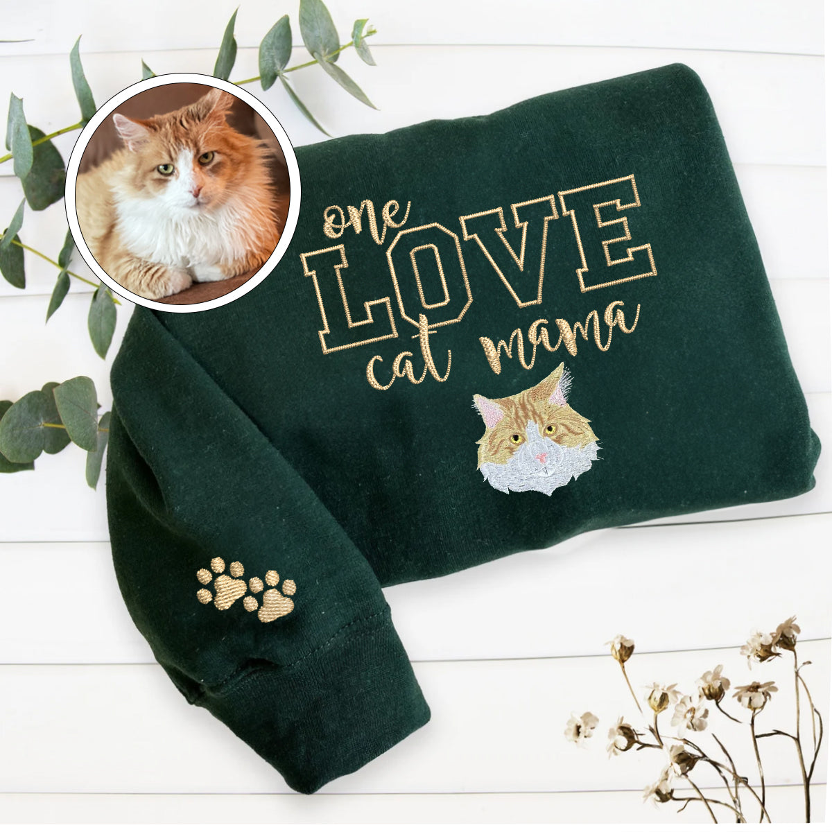 Custom Embroidered One Love Cat Mama Sweatshirt - Personalized Cat Mother Gift