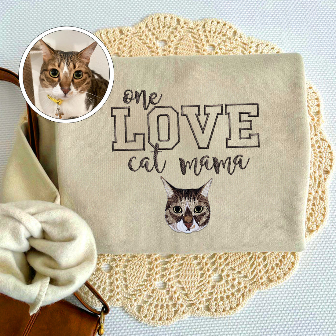 Custom Embroidered One Love Cat Mama Sweatshirt - Personalized Cat Mother Gift