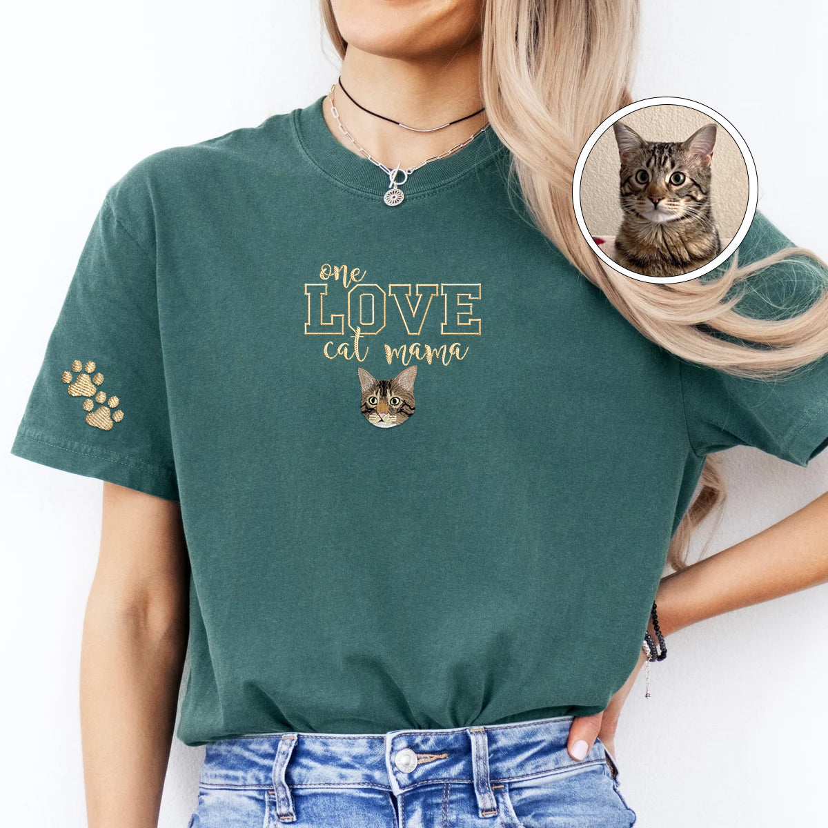 Custom Embroidered One Love Cat Mama T-Shirt - Personalized Cat Mother Gift