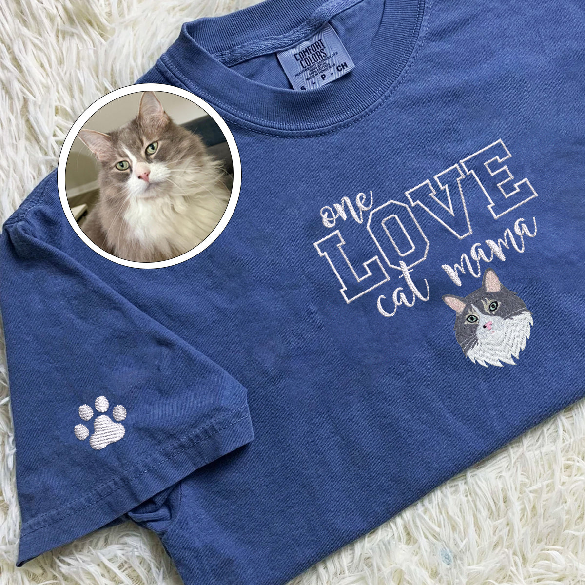 Custom Embroidered One Love Cat Mama T-Shirt - Personalized Cat Mother Gift