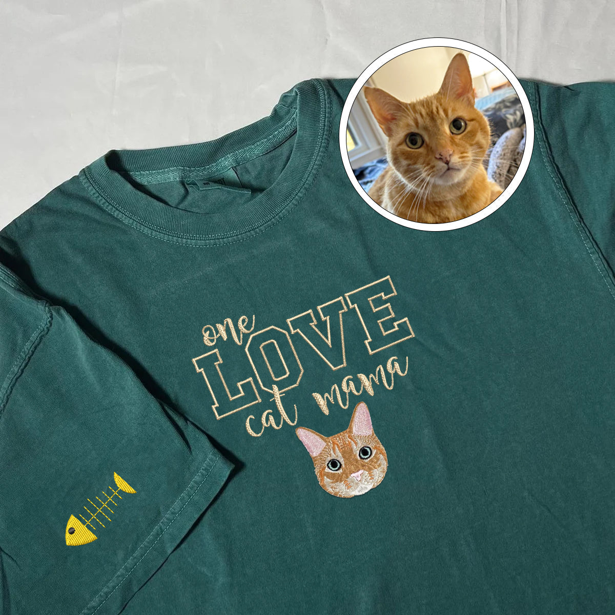 Custom Embroidered One Love Cat Mama T-Shirt - Personalized Cat Mother Gift