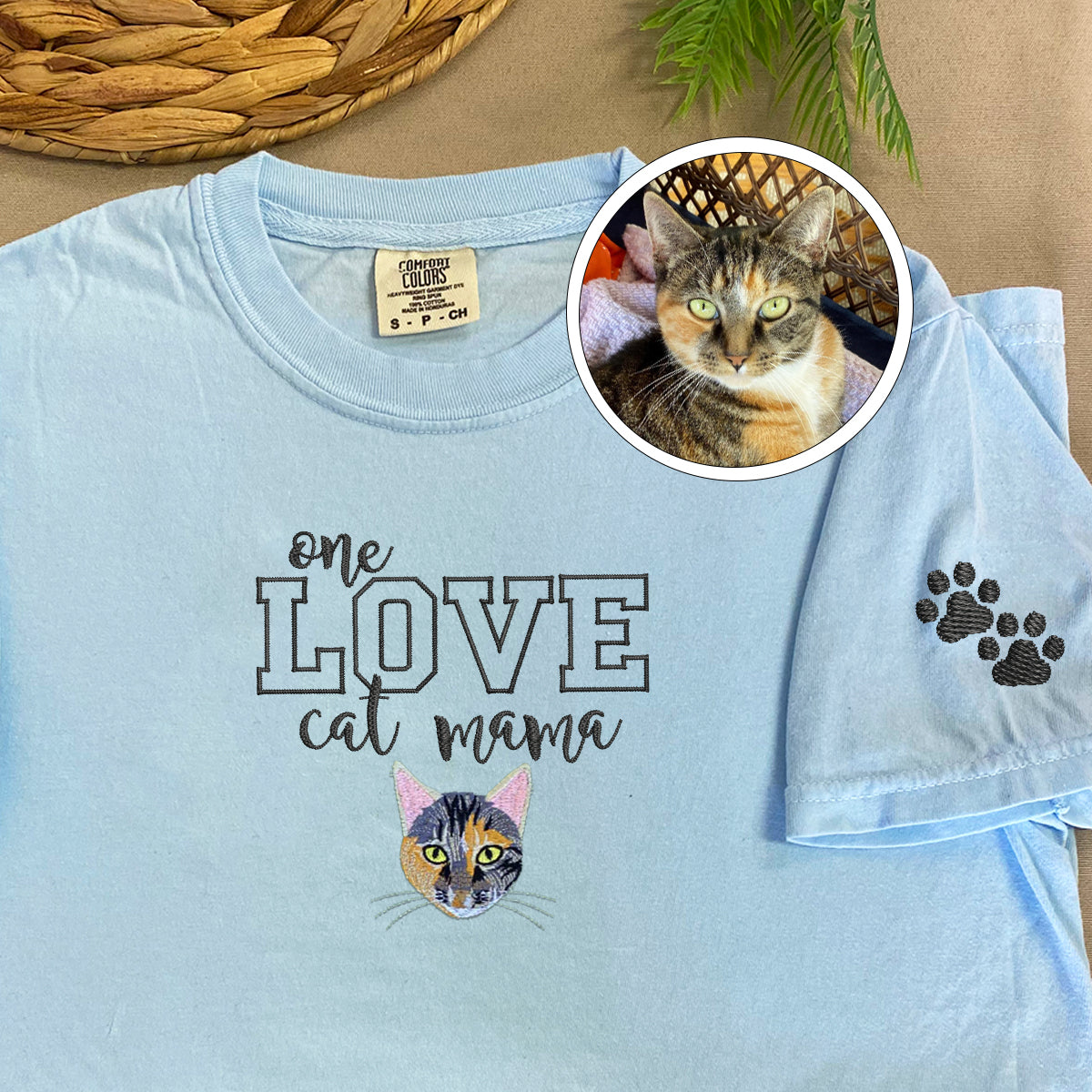 Custom Embroidered One Love Cat Mama T-Shirt - Personalized Cat Mother Gift
