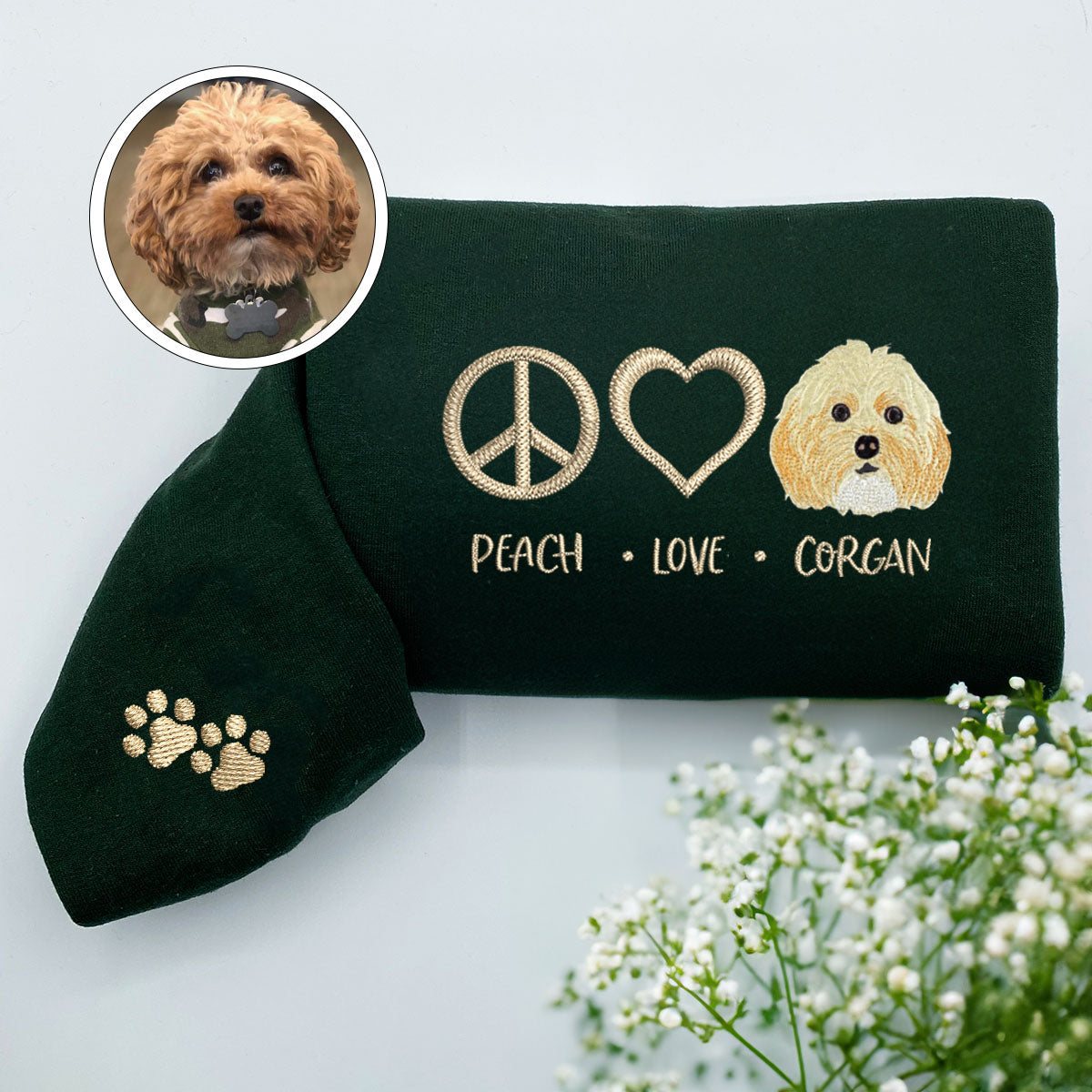 Custom Embroidered Peace Love Pet Hoodie with Names - Personalized Pet Lover Gift