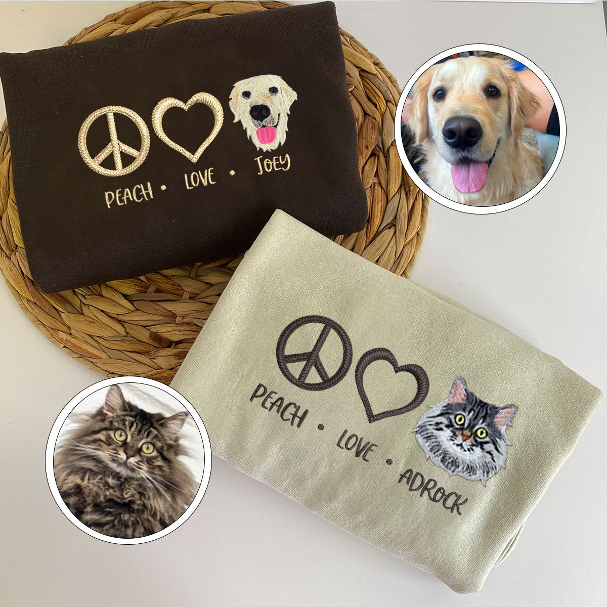 Custom Embroidered Peace Love Pet Sweatshirt with Names - Personalized Pet Lover Gift