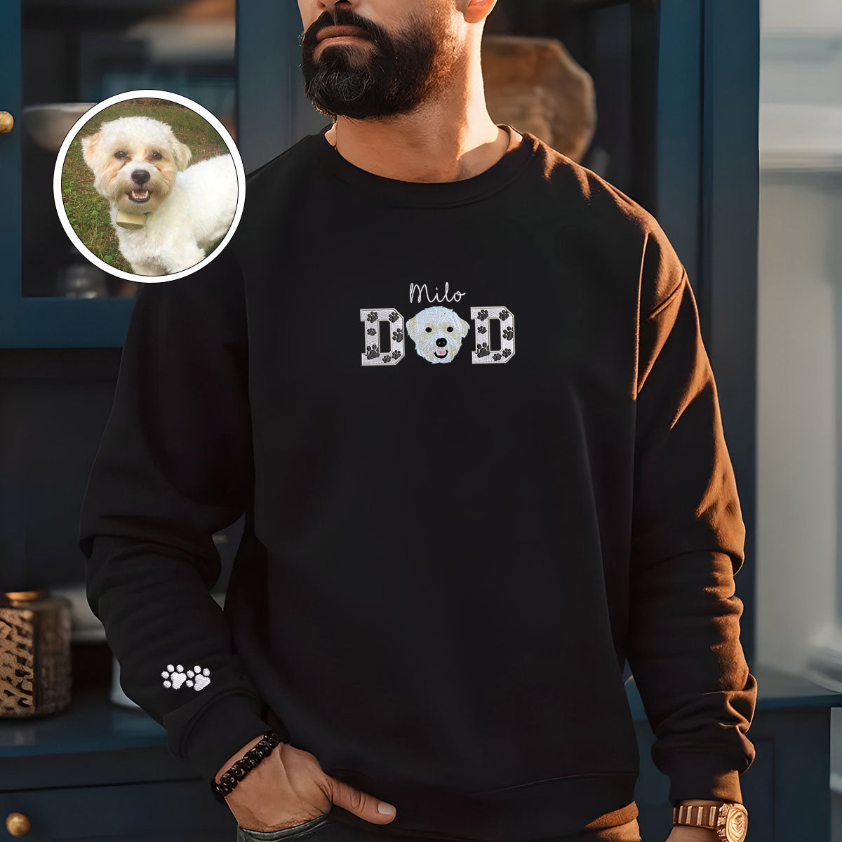 Custom Embroidered Pet Dad Sweatshirt with Pet Photo - Personalized Dog Father Gift
