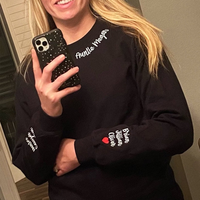 Custom Embroidered Aunt Hoodie with Names on Sleeve - Personalized Aunt Gift