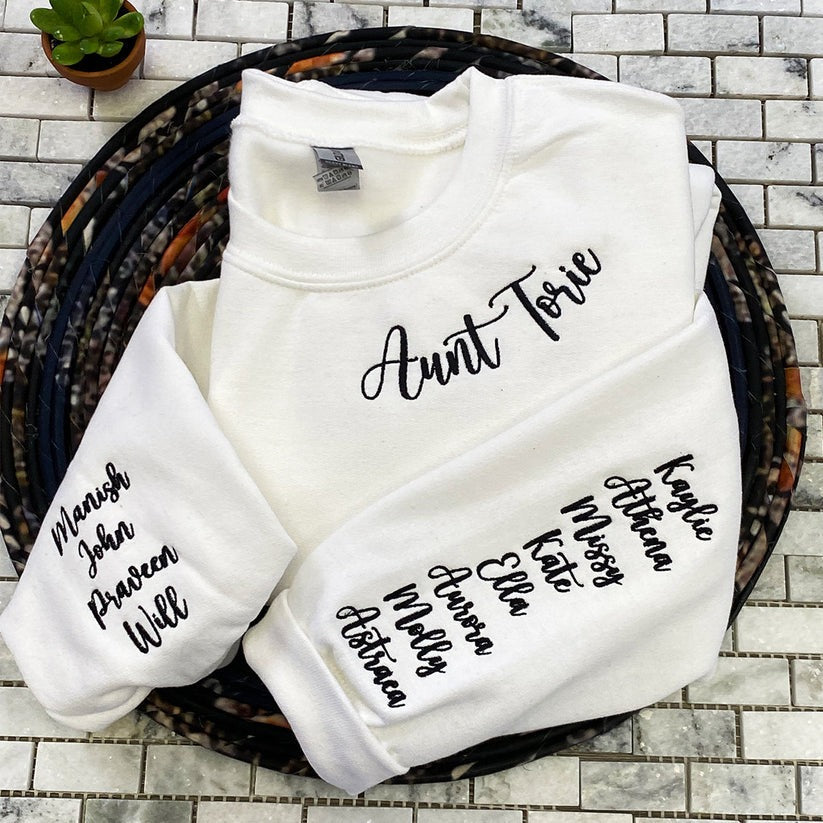 Custom Embroidered Aunt Hoodie with Names on Sleeve - Personalized Aunt Gift