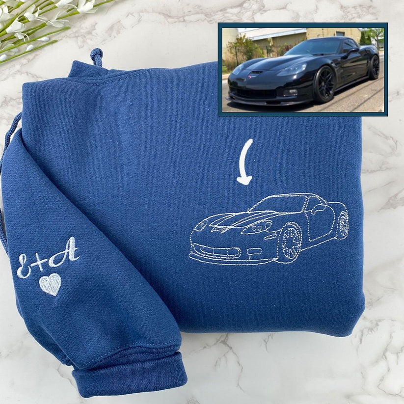 Custom Embroidered Car Outline Hoodie from Photo - Personalized Car Lover Gift