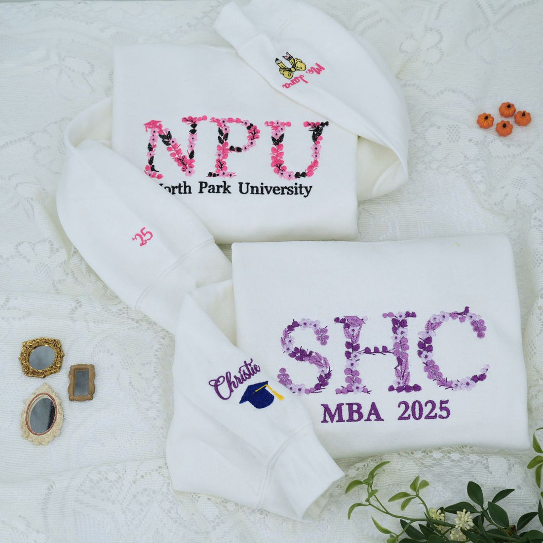 Custom Embroidered College Hoodie with Floral Embroidery - University Graduate Gift