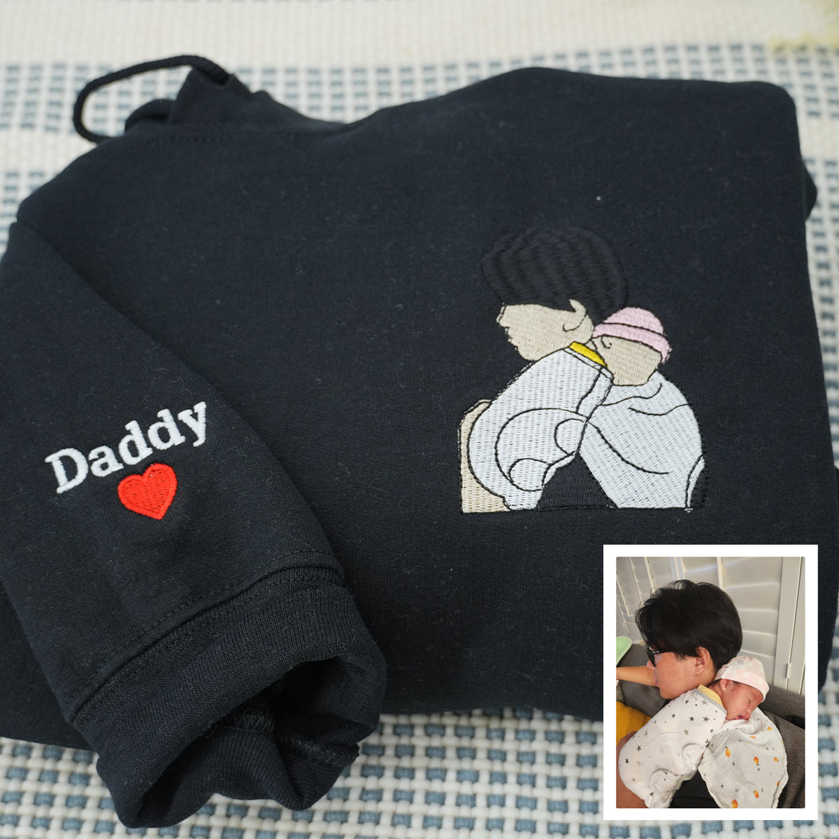 Custom Embroidered Dad Daughter Portrait Hoodie - Personalized Father Gift with Initial