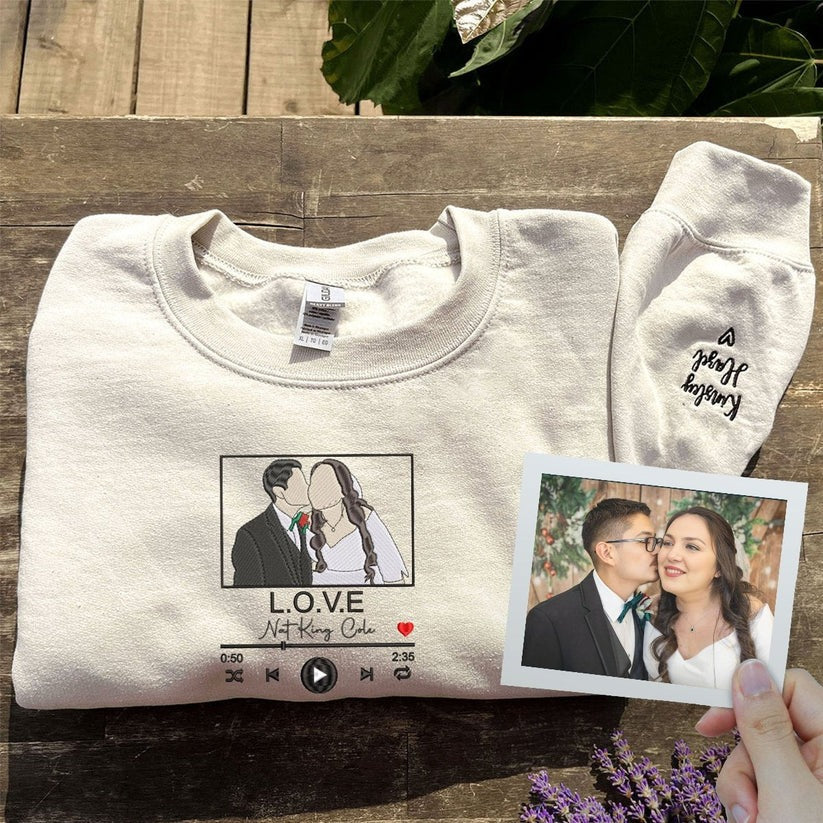 Custom Embroidered Favorite Song Hoodie with Photo Portrait - Romantic Couple Gift