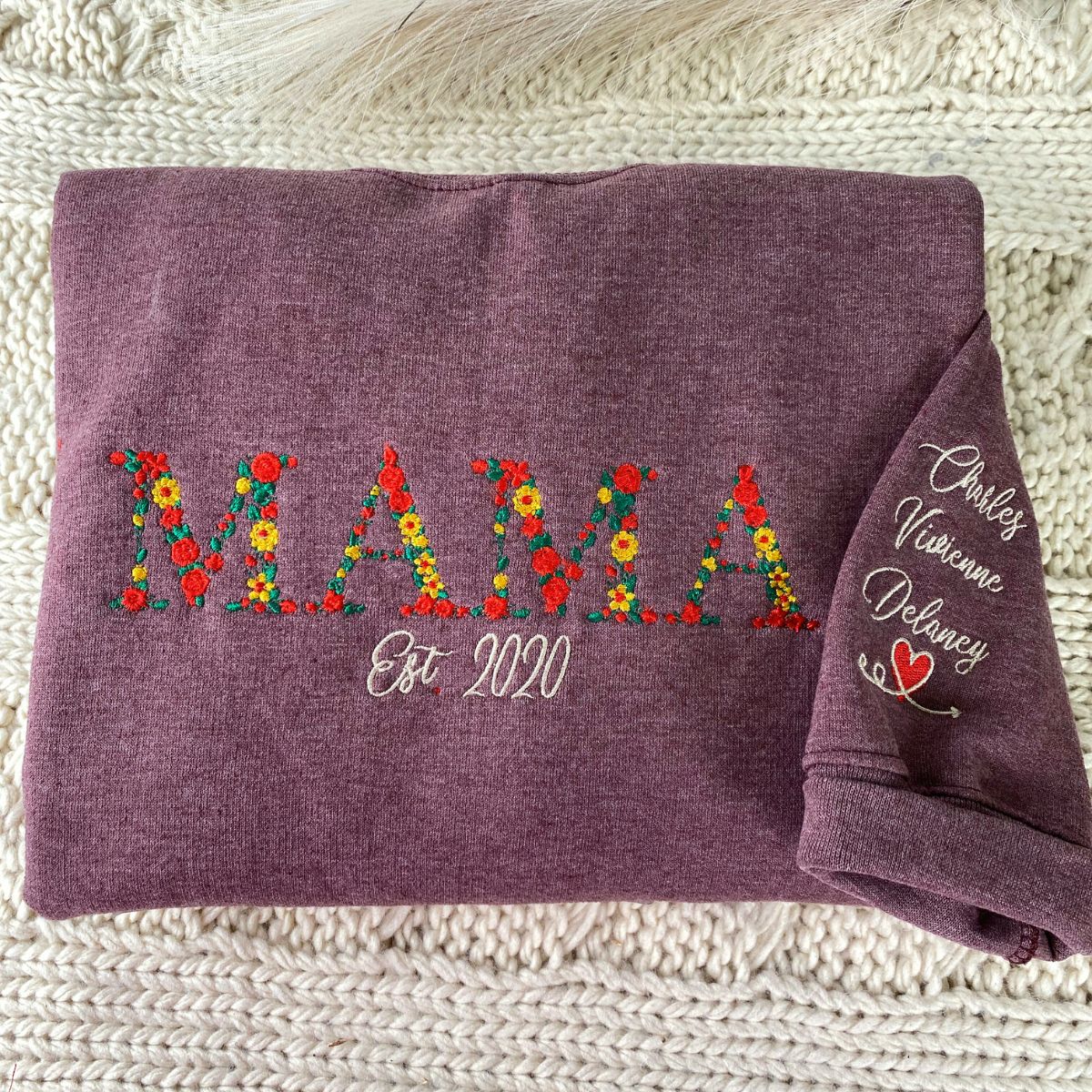 Custom Embroidered Floral Mama Hoodie with Kids Names & Est Year - Mother's Day Gift