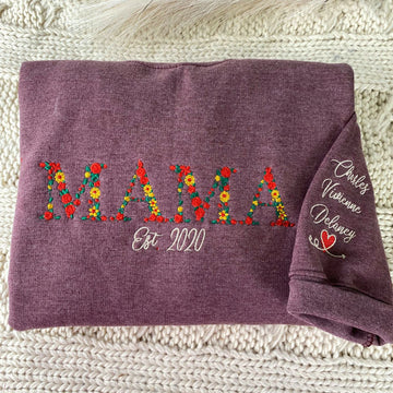 Custom Embroidered Floral Mama Hoodie with Kids Names & Est Year - Mother's Day Gift