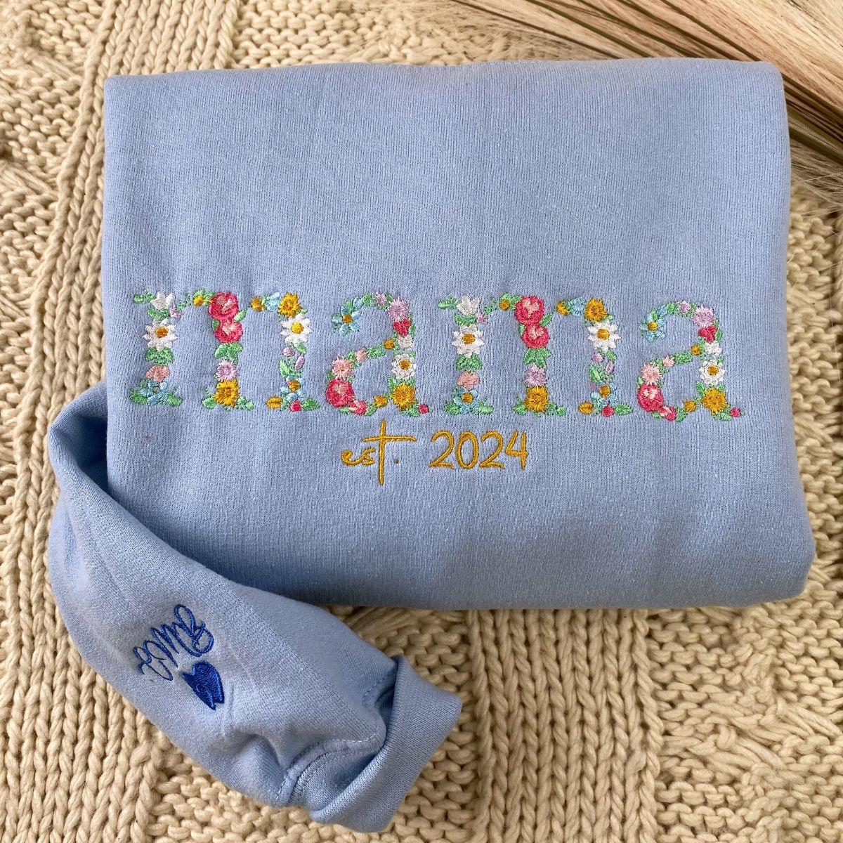 Custom Embroidered Floral Mama Hoodie with Kids Names & Est Year - Mother's Day Gift