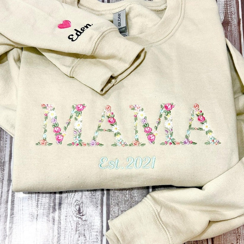 Custom Embroidered Floral Mama Hoodie with Kids Names & Est Year - Mother's Day Gift