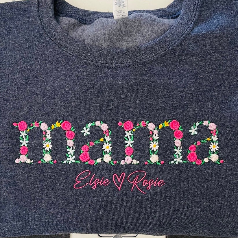 Custom Embroidered Floral Mama Hoodie with Kids Names & Est Year - Mother's Day Gift