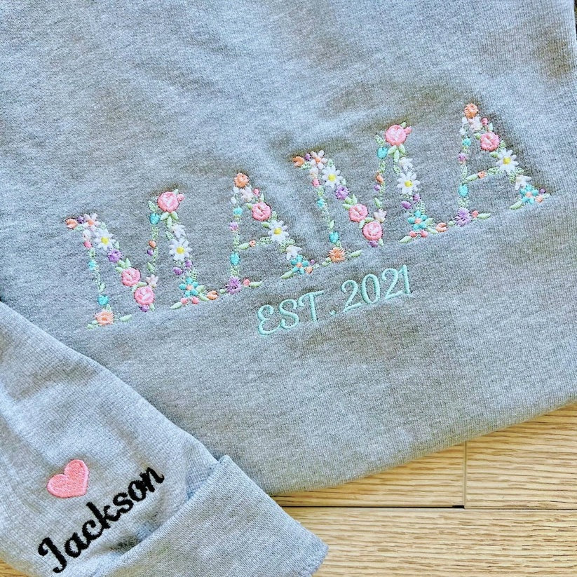 Custom Embroidered Floral Mama Hoodie with Kids Names & Est Year - Mother's Day Gift