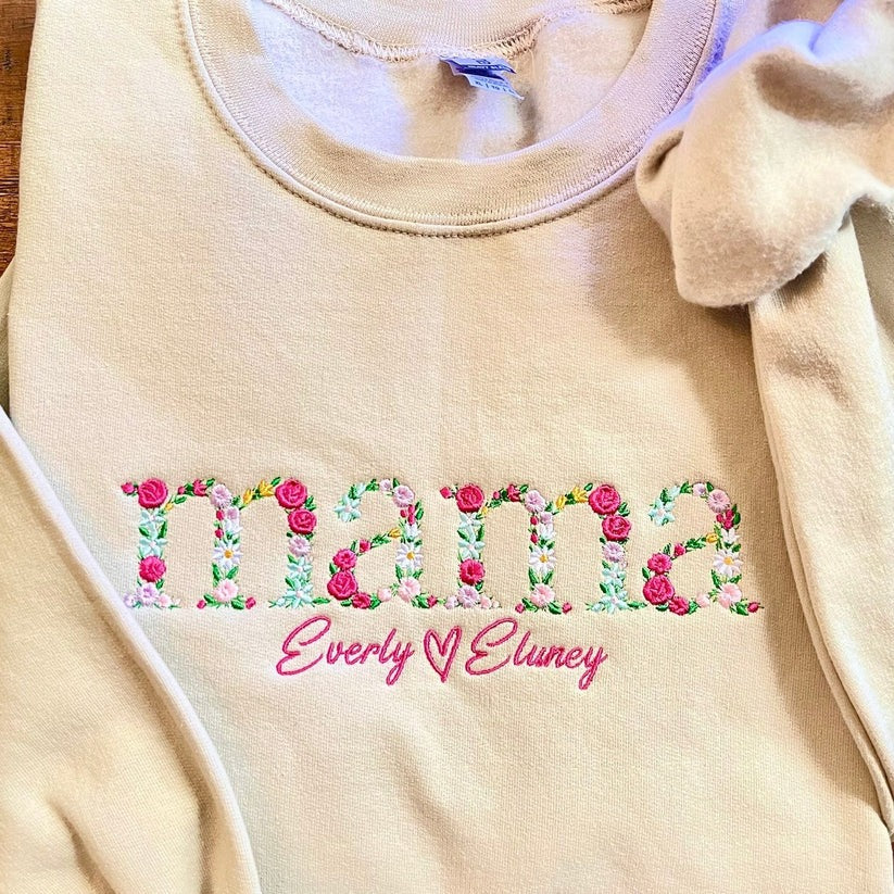 Custom Embroidered Floral Mama Hoodie with Kids Names & Est Year - Mother's Day Gift