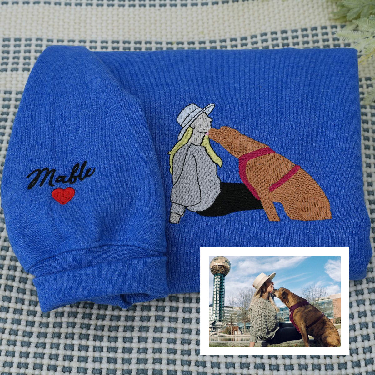 Custom Embroidered Full Color Pet & Owner Portrait Hoodie - Pet Lover Gift