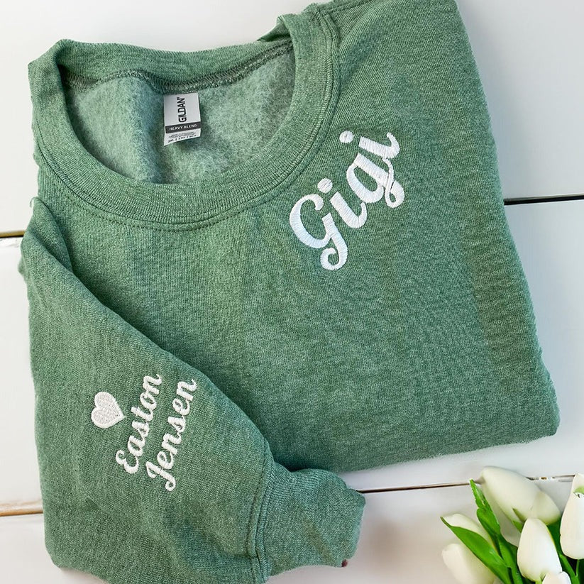 Custom Embroidered Gigi Neckline Hoodie with Grandkids Names - Grandmother Gift