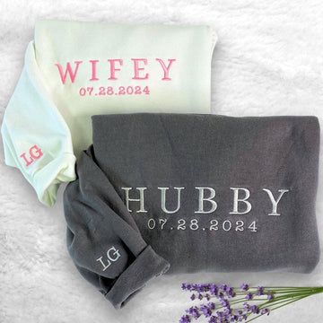 Custom Embroidered Hubby & Wifey Hoodie - Personalized Anniversary Gift