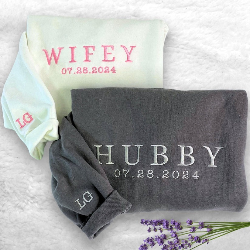 Custom Embroidered Hubby & Wifey Hoodie - Personalized Anniversary Gift