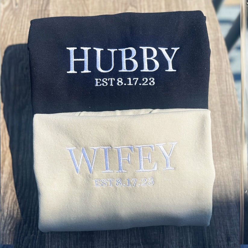 Custom Embroidered Hubby & Wifey Hoodie - Personalized Anniversary Gift