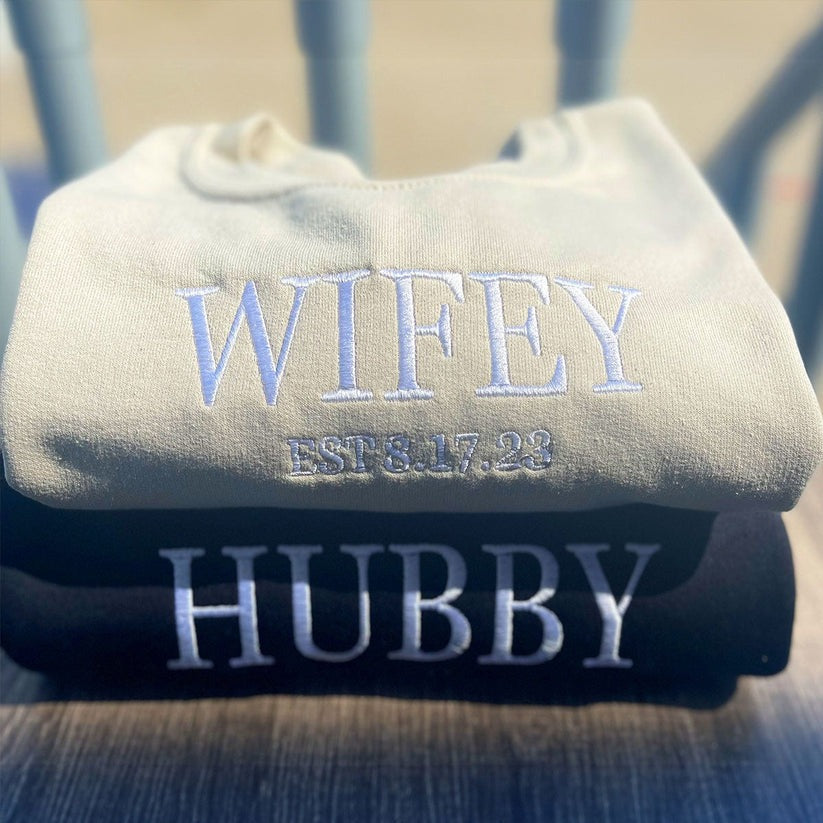 Custom Embroidered Hubby & Wifey Hoodie - Personalized Anniversary Gift
