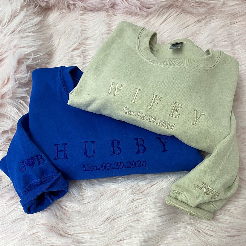 Custom Embroidered Hubby & Wifey Hoodie - Personalized Anniversary Gift