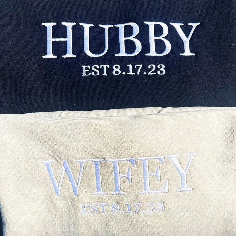 Custom Embroidered Hubby & Wifey Hoodie - Personalized Anniversary Gift