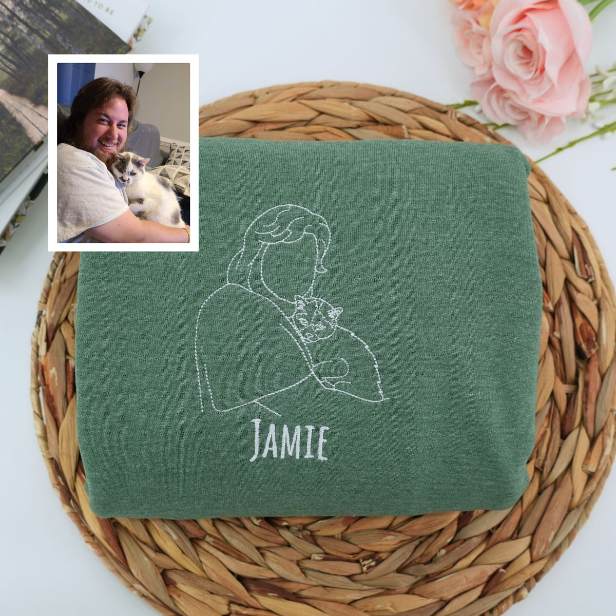 Custom Embroidered Pet & Owner Portrait Hoodie - Personalized Pet Lover Gift
