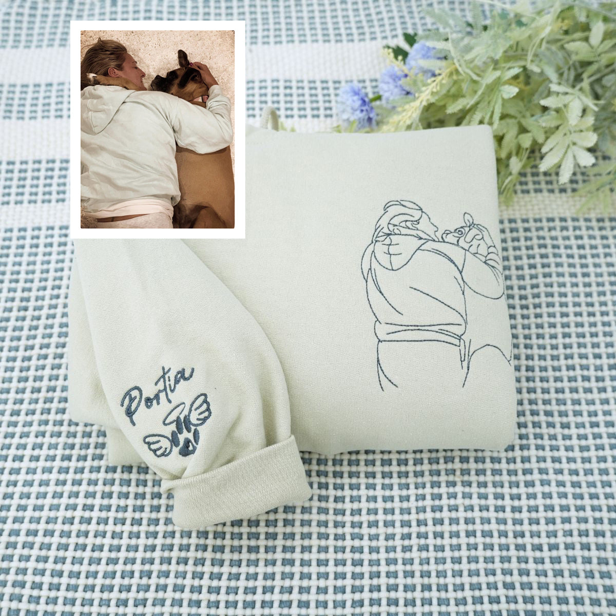 Custom Embroidered Pet & Owner Portrait Hoodie - Personalized Pet Lover Gift