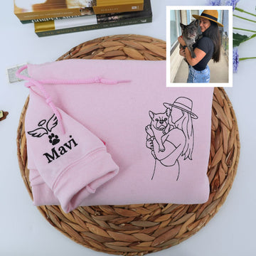 Custom Embroidered Pet & Owner Portrait Hoodie - Personalized Pet Lover Gift
