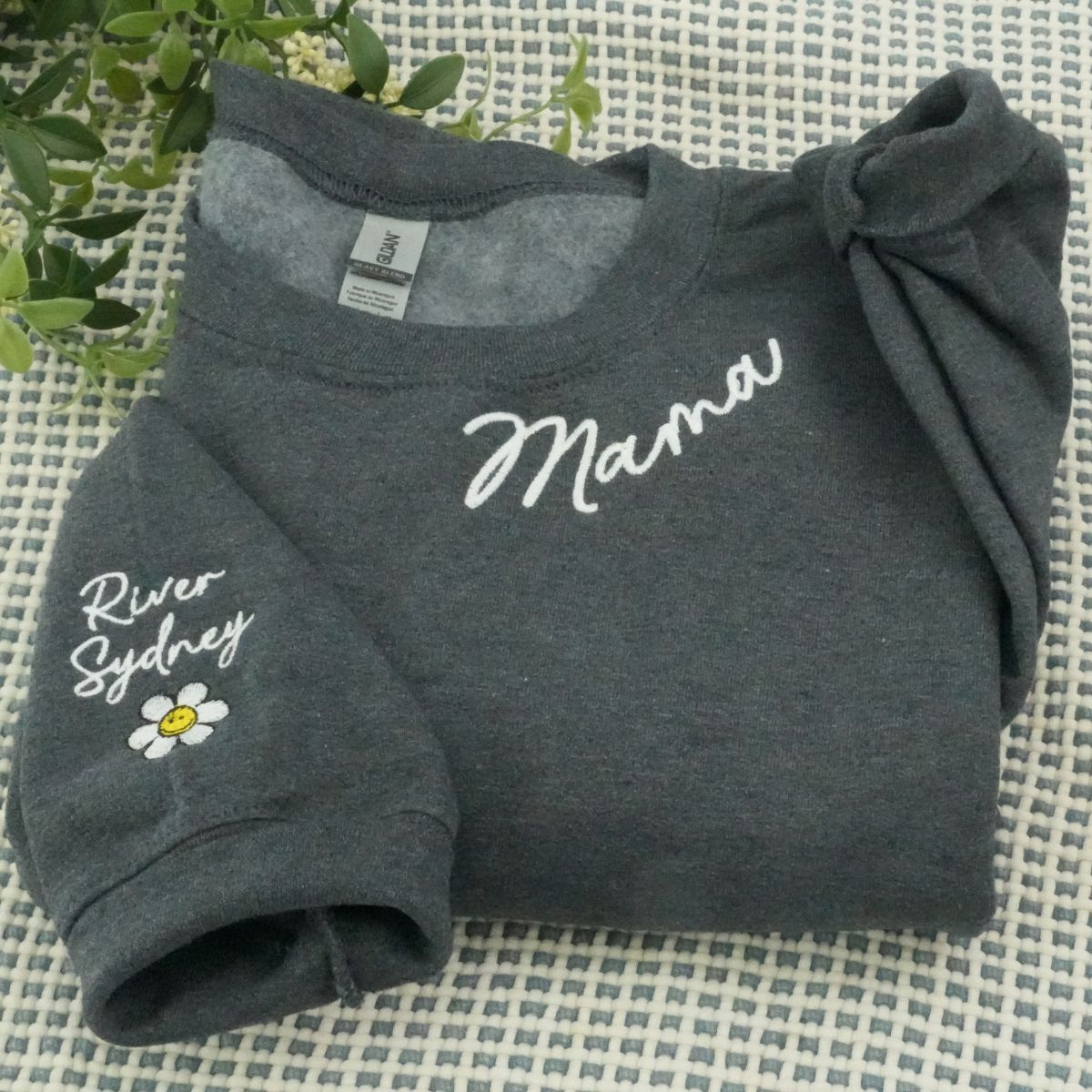 Custom Embroidered Mama Neckline Sweatshirt with Kids Names - Personalized Mom Gift